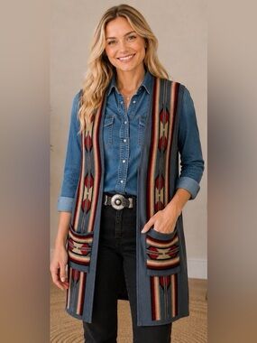Chaps Ralph Lauren 1X Cotton Knit Long Western Design Sleeveless Cardigan